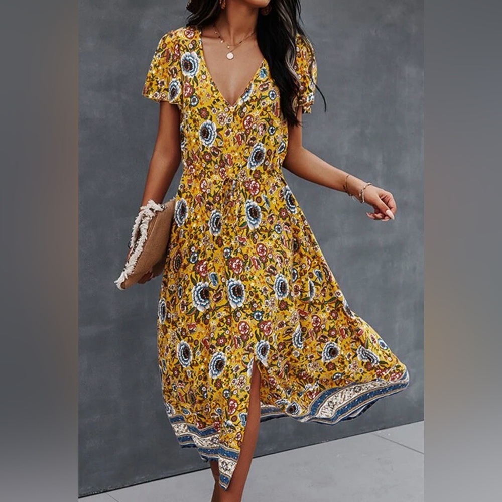 Temofon Women’s Flower  drawstring Floral Yellow Dress drawstring Maxi XL